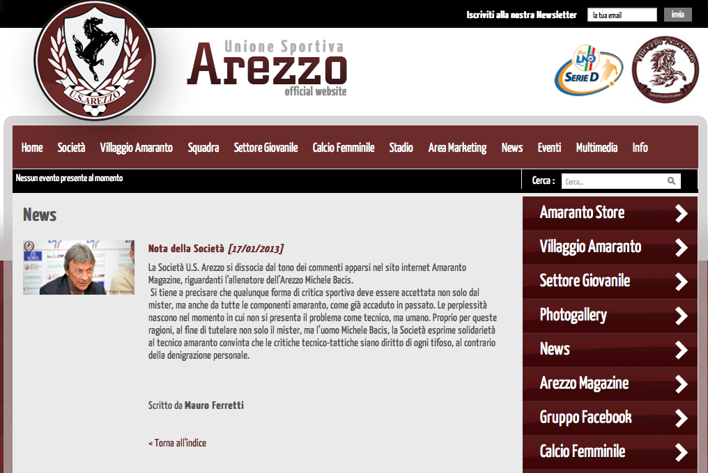 la nota del presidente Ferretti sul sito dell'Us Arezzo